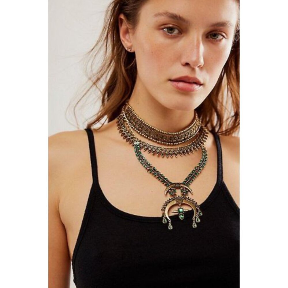 Free People Multilayered Antiqued Silver & Rhinestone Necklace - Picture 1 of 16